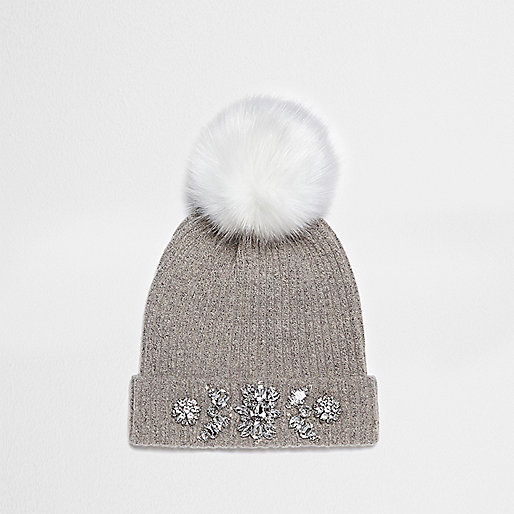 jacques-vertuk Grey pom pom top embellished beanie hat 705611 women Accessories Hats