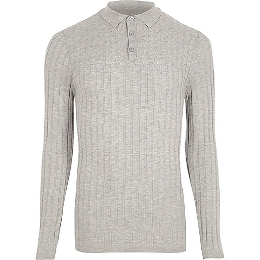 jacques-vertuk Grey ribbed cable knit long sleeve polo shirt 303757 men Polo Shirts