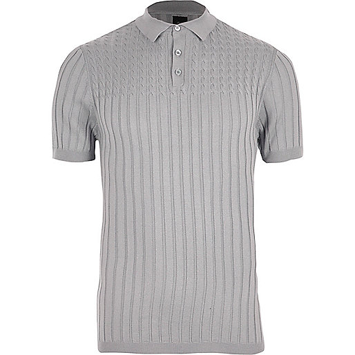 jacques-vertuk Grey ribbed cable knit muscle fit polo shirt 303632 men Polo Shirts