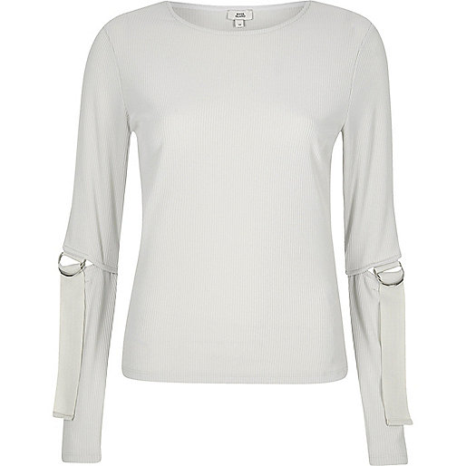 jacques-vertuk Grey ribbed D ring split long sleeve top 705663 women Tops Blouses