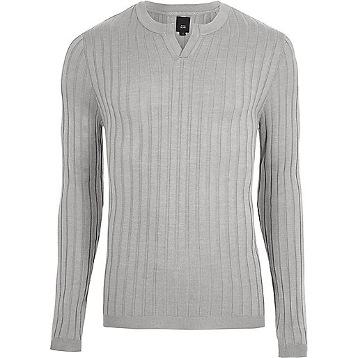 jacques-vertuk Grey ribbed notch neck long sleeve sweater 303205 men Jumpers / Cardigans Jumpers