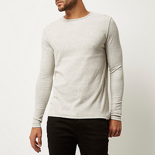 river island cut out top,Riverieland Grey ribbed slim fit long sleeve T-shirt T-Shirts / Tanks Sale men