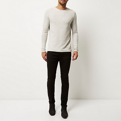 river island cut out top,Riverieland Grey ribbed slim fit long sleeve T-shirt T-Shirts / Tanks Sale men