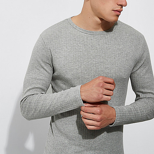 mini river island sale,jacques-vertuk Ireland Grey ribbed slim fit long sleeve T-shirt men 302196