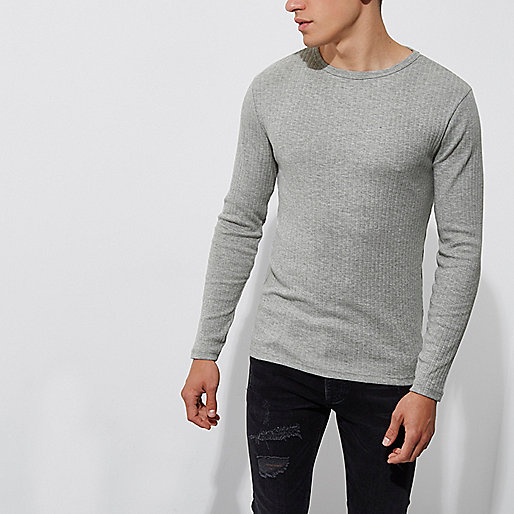 mini river island sale,jacques-vertuk Ireland Grey ribbed slim fit long sleeve T-shirt men 302196