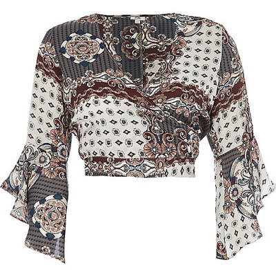 river island bags and matching purses,jacques-vertuk Summer Shop Grey scarf print wrap frill sleeve crop top Crop Tops / Bralets Tops women