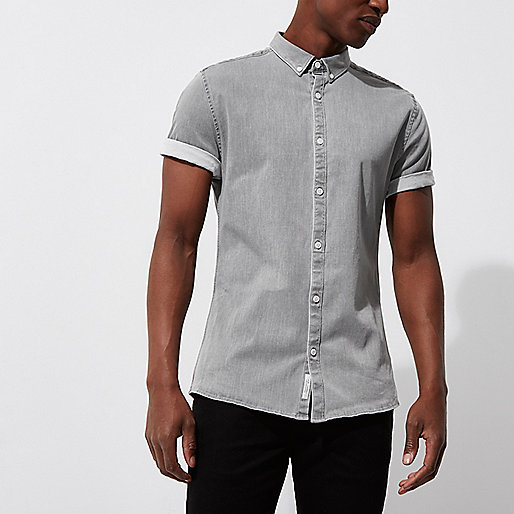 bardot river island,jacques-vertuk Shop Grey short sleeve muscle fit denim shirt men 300835