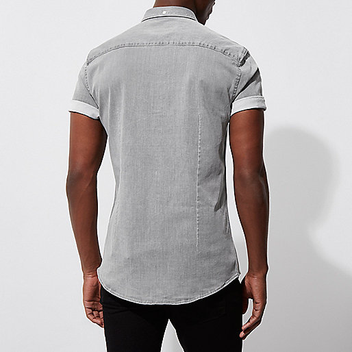 bardot river island,jacques-vertuk Shop Grey short sleeve muscle fit denim shirt men 300835