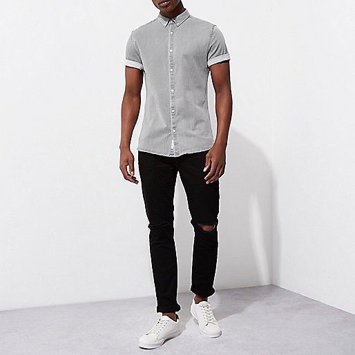 bardot river island,jacques-vertuk Shop Grey short sleeve muscle fit denim shirt men 300835