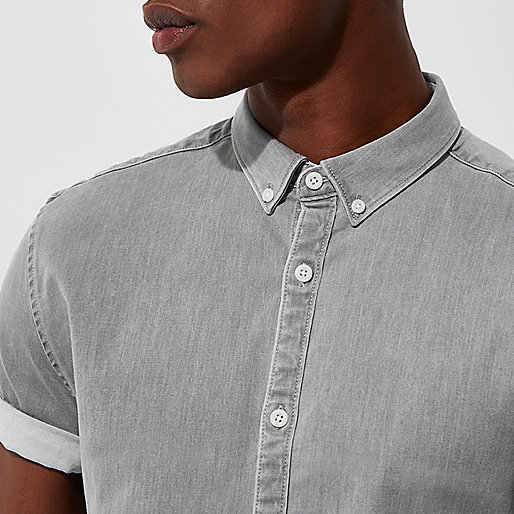 bardot river island,jacques-vertuk Shop Grey short sleeve muscle fit denim shirt men 300835