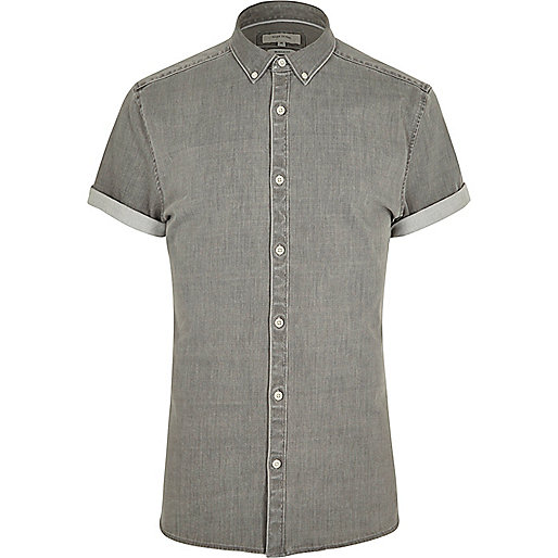 jacques-vertuk Grey short sleeve muscle fit denim shirt 300835 men Shirts Short Sleeve Shirts