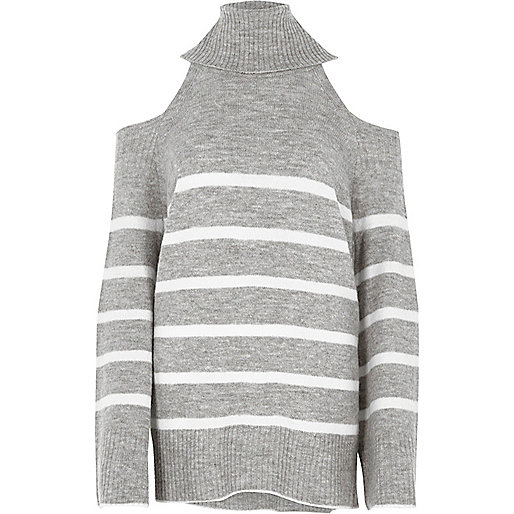 river island white jeggings,Rivers Clothing Online Grey stripe cold shoulder roll neck sweater Sweaters Knitwear women