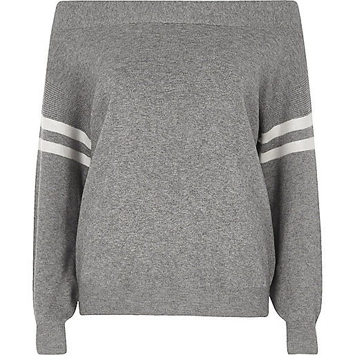 jacques-vertuk Grey stripe sleeve knitted bardot top 704875 women Knitwear Knitted Tops