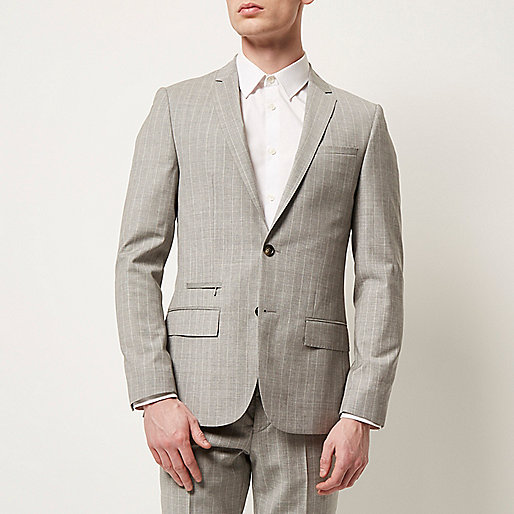 river island black and tan bag,jacques-vertuk Sale Grey stripe wool-blend skinny suit jacket men 290277