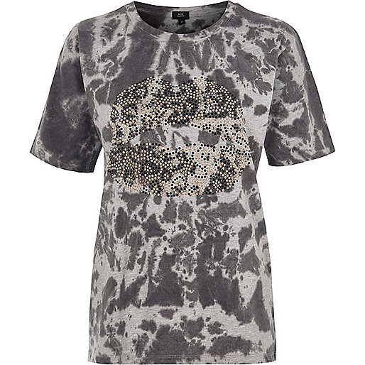 river island tall,jacques-vertuk Shop Grey tie dye lips heatseal boyfriend T-shirt women 710390