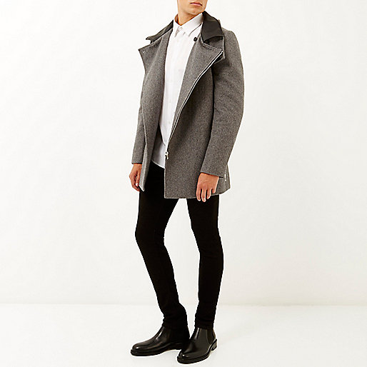 river island black leather skirt,jacques-vertuk Sale Grey wool-blend funnel neck jacket men 287132