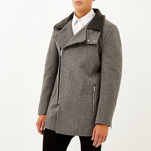 river island black leather skirt,jacques-vertuk Sale Grey wool-blend funnel neck jacket men 287132