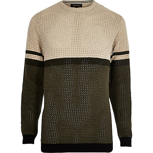 jacques-vertuk Khaki contrast stripe block slim fit sweater 301993 men Jumpers / Cardigans