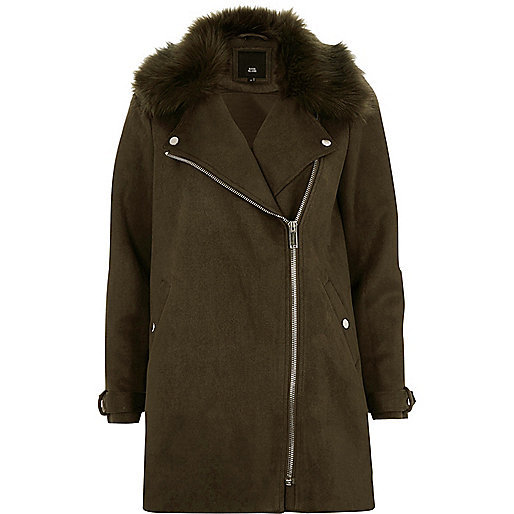 jacques-vertuk Khaki fur trim biker collar swing coat 702166 women Coats / Jackets Jackets