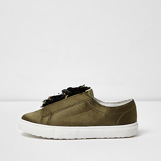 jacques-vertuk Khaki green embellished slip on plimsolls 705102 women Shoes / Boots Plimsolls / Trainers