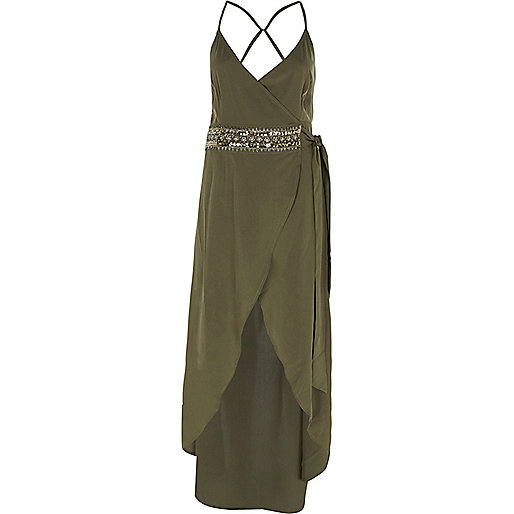 jacques-vertuk Khaki green embellished wrap maxi beach dress 704805 women Swimwear / Beachwear Kaftans / Cover-Ups