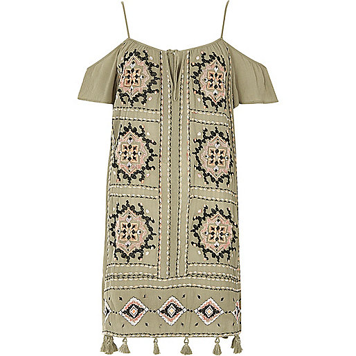 jacques-vertuk Khaki green embroidered cold shoulder dress 697076 women Swimwear / Beachwear Kaftans / Cover-Ups