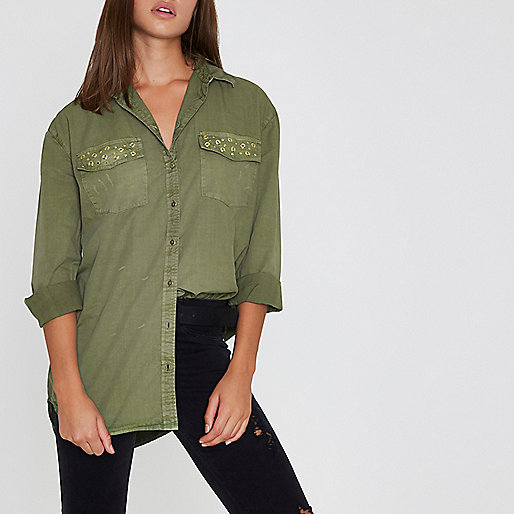 river island online sale,jacques-vertuk South Africa Khaki green eyelet pocket long sleeve shirt women 706685