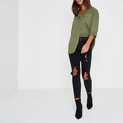 river island online sale,jacques-vertuk South Africa Khaki green eyelet pocket long sleeve shirt women 706685