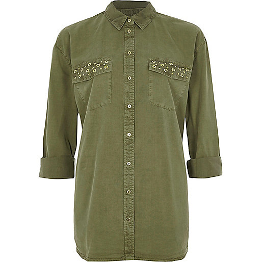 river island green animal print dress,jacques-vertuk Ladies Dressing Gowns Khaki green eyelet pocket long sleeve shirt Shirts Tops women