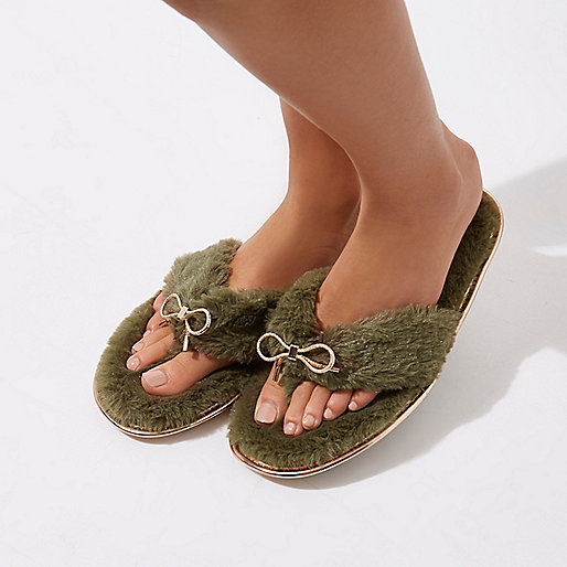 petite jackets river island,jacques-vertuk Sale Shoes Khaki green faux fur bow flip flop slippers Slippers Sleepwear & Slippers women