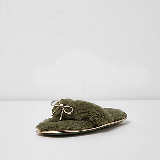 petite jackets river island,jacques-vertuk Sale Shoes Khaki green faux fur bow flip flop slippers Slippers Sleepwear & Slippers women