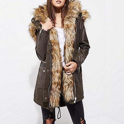 black and white shoes river island,Last Year S jacques-vertuk Coats Khaki green faux fur trim hooded parka Jackets Coats / Jackets women