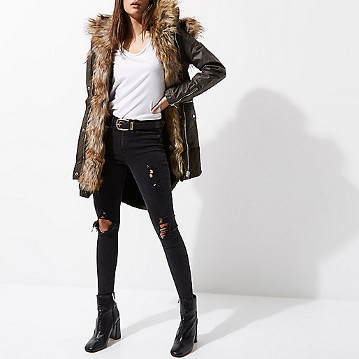 black and white shoes river island,Last Year S jacques-vertuk Coats Khaki green faux fur trim hooded parka Jackets Coats / Jackets women