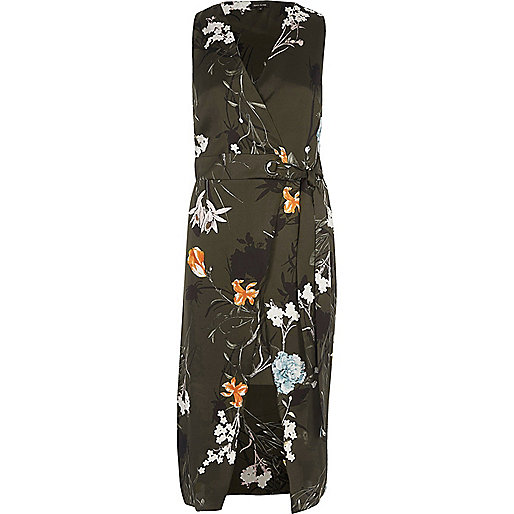 petite coats river island,jacques-vertuk UK Sale Khaki green floral tie waist wrap midi dress women 702573