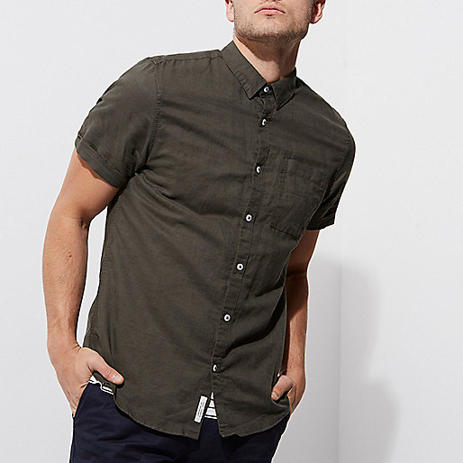 river island outlet,jacques-vertuk Online Khaki green linen blend short sleeve shirt men 300704