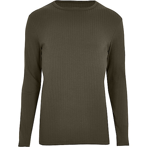 jacques-vertuk Khaki green ribbed long sleeve T-shirt 302198 men T-Shirts / Vests Long Sleeve T-Shirts