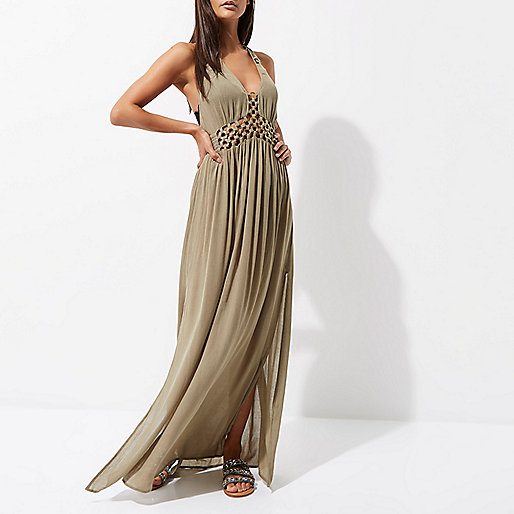 river island wedding outfits,jacques-vertuk Uae Khaki green ring front maxi beach dress Caftans / Cover-Ups Swimwear / Beachwear women