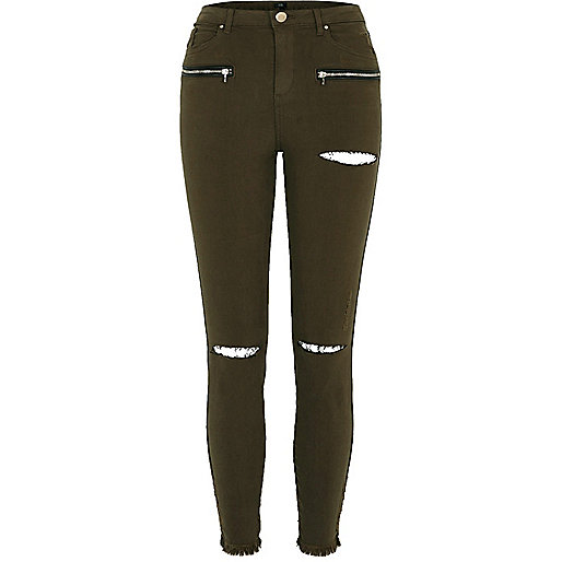 jacques-vertuk Khaki green ripped knee skinny fit pants 702758 women Trousers Skinny Trousers