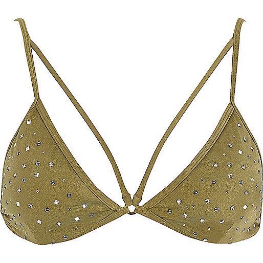 diamante jeans river island,jacques-vertuk Brand Khaki green stud strappy bikini top Seasonal Offers Sale women