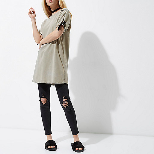 river island carrier bag,Winter Clothes jacques-vertuk Khaki green tie cuff longline T-shirt Plain T-Shirts / Tanks T-Shirts & Tanks Tops women