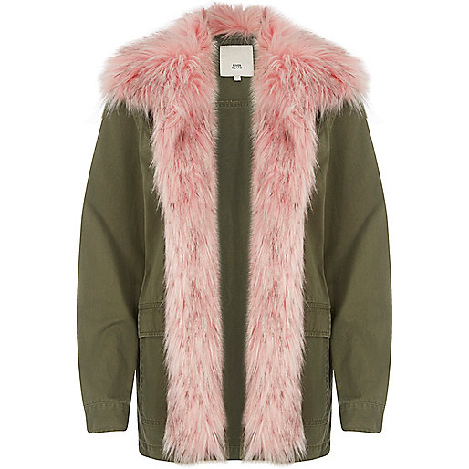 river island limited edition dresses,jacques-vertuk Blouse Dress Khaki green with pink fur trim coat Jackets Coats / Jackets women