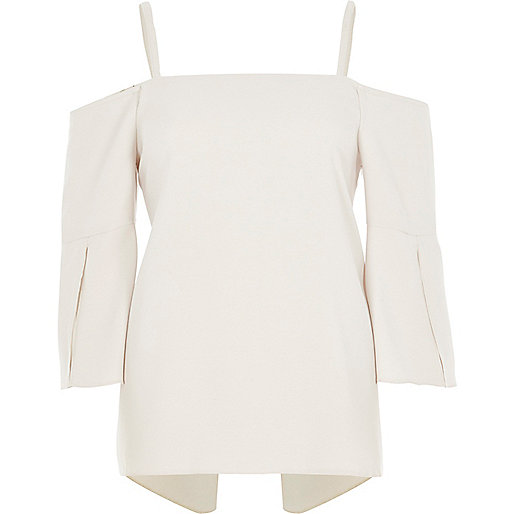 jacques-vertuk Light beige split sleeve bardot top 708972 women Tops Bardot / Cold Shoulder Tops