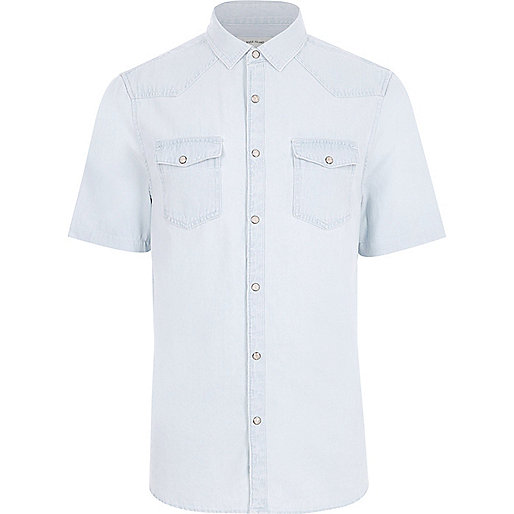 river island smart shoes,jacques-vertuk Sale Online Shopping Light blue bleached short sleeve denim shirt Shirts Sale men