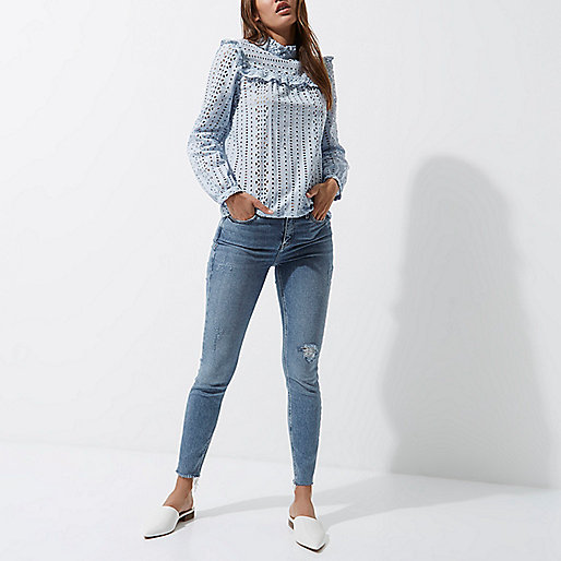 river island blue coat sale,River I Sland Light blue broderie high neck long sleeve top Blouses Tops women