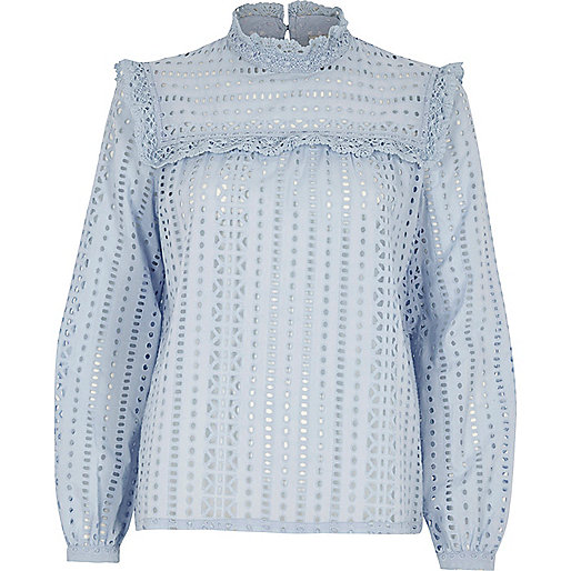 river island blue coat sale,River I Sland Light blue broderie high neck long sleeve top Blouses Tops women