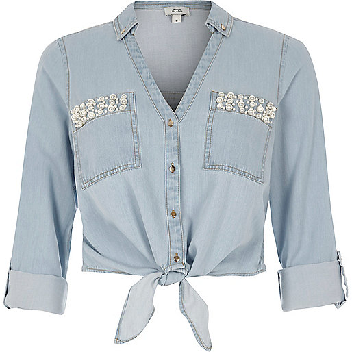 plus size clothing river island,jacques-vertuk Cheap Clothes Light blue embellished cropped denim shirt Shirts Tops women