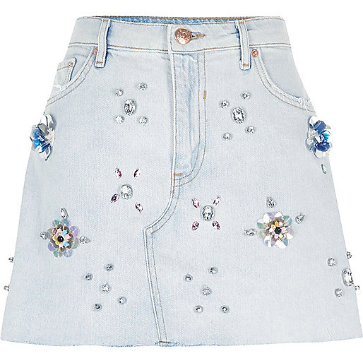 jacques-vertuk Light blue embellished denim mini skirt 706128 women Holiday Shop