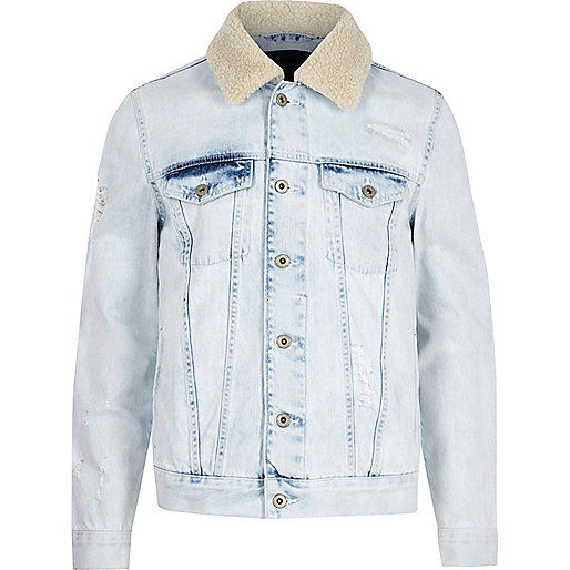 river island fur purse,jacques-vertuk Shirt Dress Light blue fleece trim distressed denim jacket Coats / Jackets Sale men