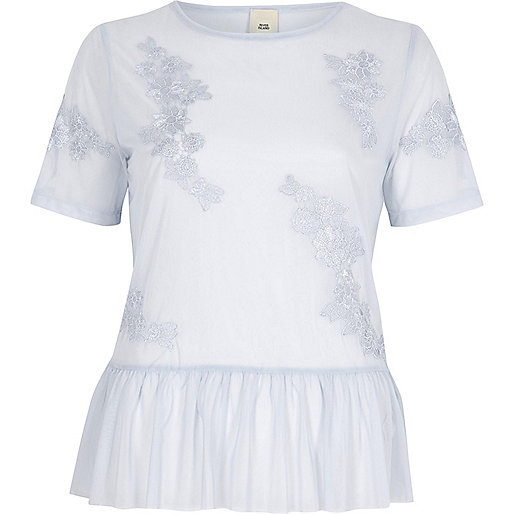 jacques-vertuk Light blue floral applique peplum mesh top 707659 women T-Shirts & Vests