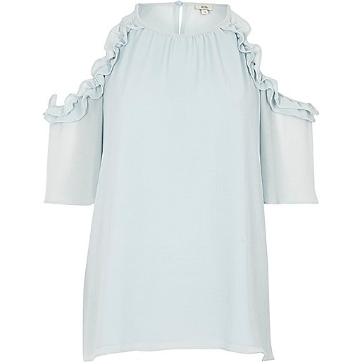 jacques-vertuk Light blue frill cold shoulder blouse 707924 women Tops Bardot / Cold Shoulder Tops